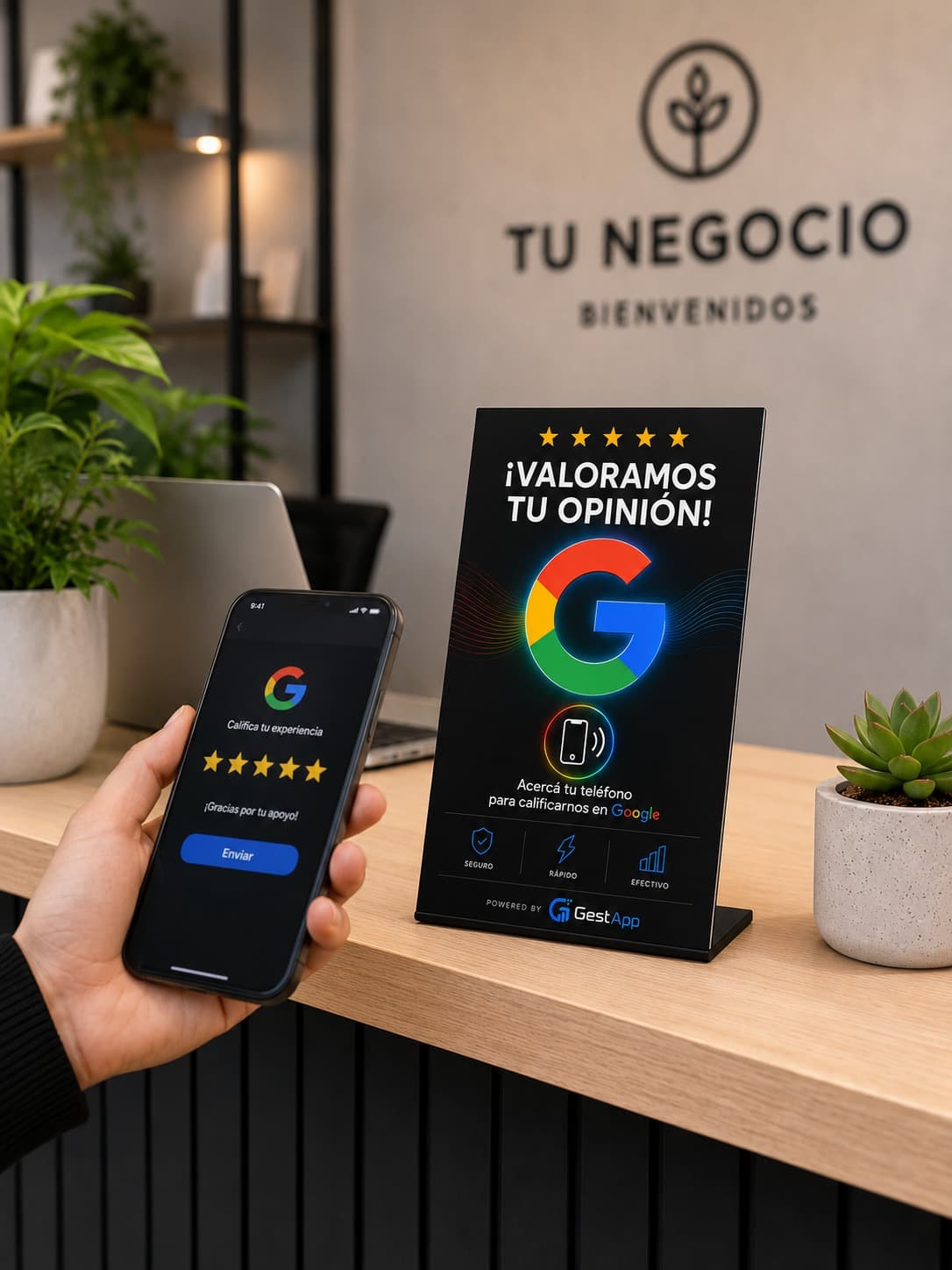 Cliente acercando su teléfono a la placa NFC de GestApp Reviews en un mostrador